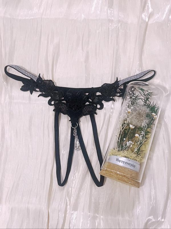 Women's Floral Embroidery Rhinestones Decor Sexy Thong, Sexy Comfy Contrast Lace Panty for Daily Wear, Women's Knicker for All Seasons
